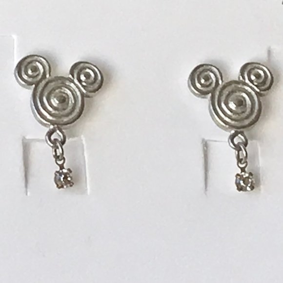 Vintage Disney Mickey Mouse Earrings Ears Icon Swirl Crystal Silver Disneyana - Picture 2 of 7